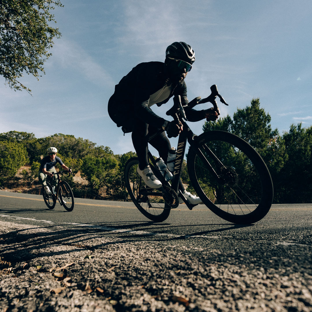 two cyclist riding on a tree-lined road