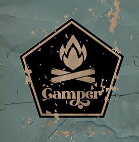 A distressed image with fire logo and "Camper" beneath it. 