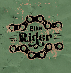A distressed logo with "Bike Rider" in the middle of bike chains and a green background.