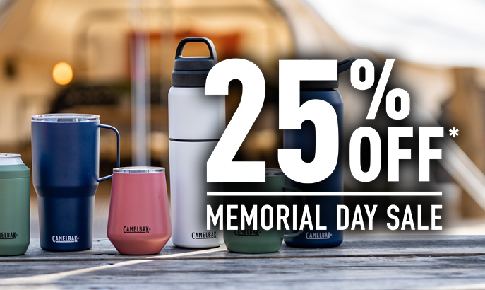 A row of drinkware vessels with Memorial Day Sale 25% Off graphics.