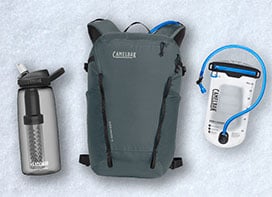 Hiker wearing CamelBak hydration pack Hiker wearing CamelBak hydration pack