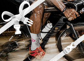 A cyclist moving quickly with a podium bottle on their bike cage and pack straps as bows around the image.