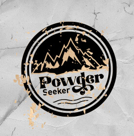 A distressed image with mountains and "Powder Seeker" beneath it. 