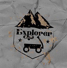 A distressed image with mountains and play cart with "Explorer" beneath it. 