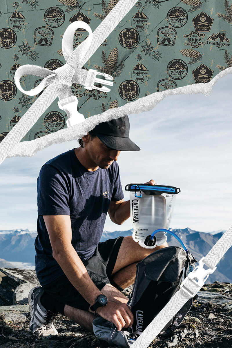 A hiker using his Fusion reservoir to fill up with holiday themed wrapping paper framing the area around him. 