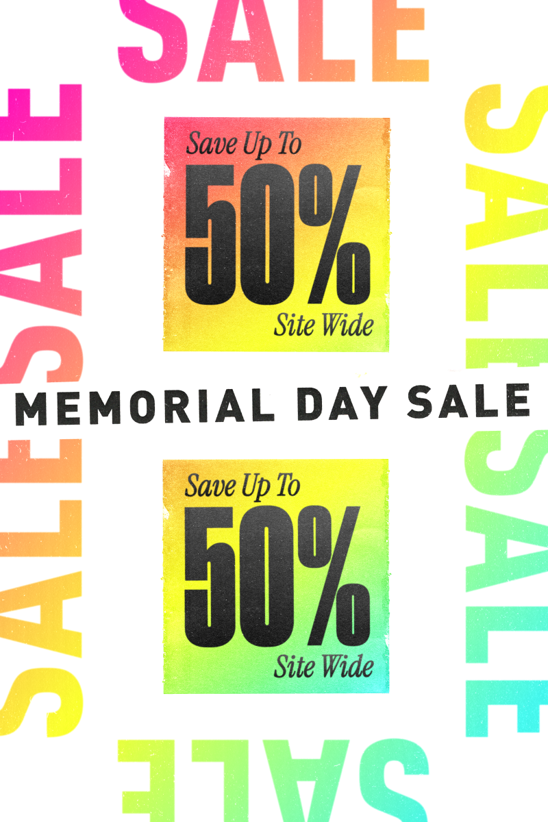 A rainbow colored banner with "Sale" repeated around the border and "Save up to 50% off Site Wide" messaging in the middle. 