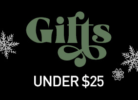 Black banner with the text "Gifts Under $25" with snowflakes around it.