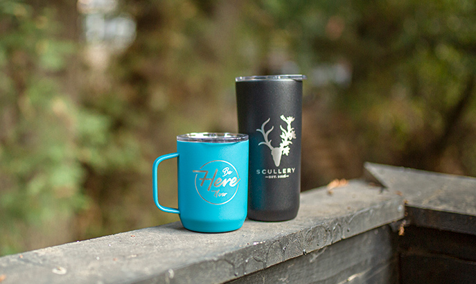 Two custom drinkware items with laser engraving. Two custom drinkware items with laser engraving.