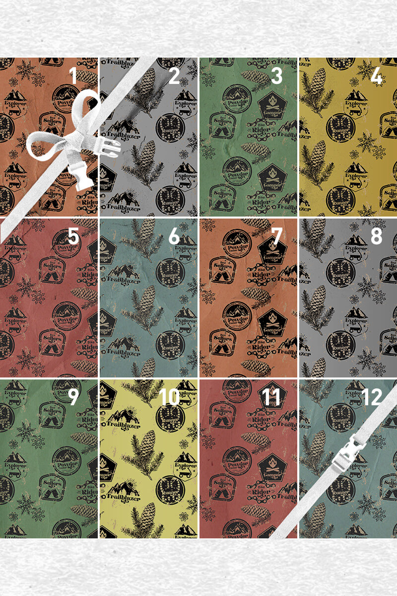 A holiday-themed advent calendar with twelve numbered squares with varying colors of wrapping paper.