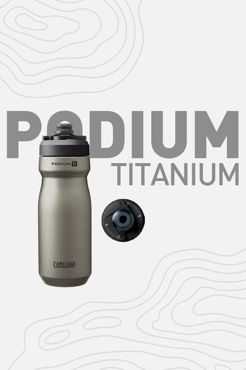 An off-white banner with "Podium Titanium" text with a Podium Titanium bottle and cap in front of the words. Above and below are topographical outlines.