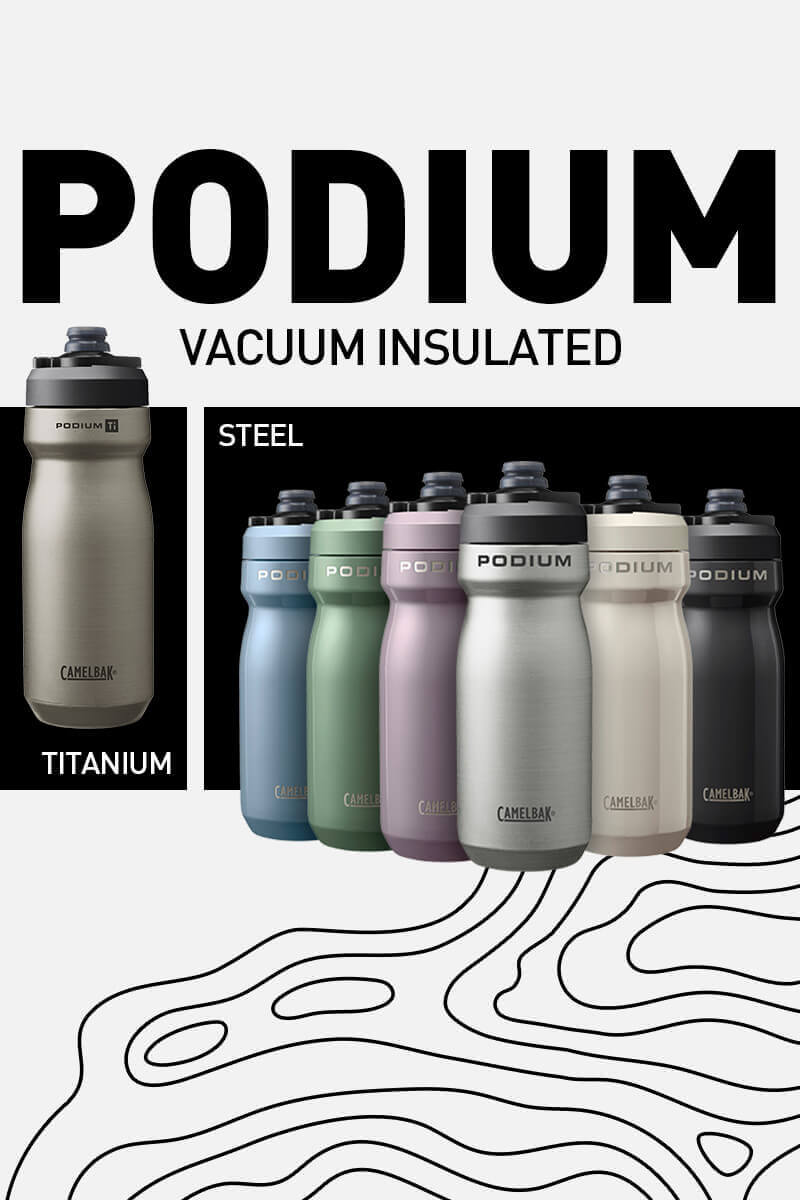 Six Podium Steel water bottles in all colors in a triangle formation with a Podium Titanium bottle to the left. On top reads the words "Podium Vacuum Insulated" and a topographical map outline on the bottom.