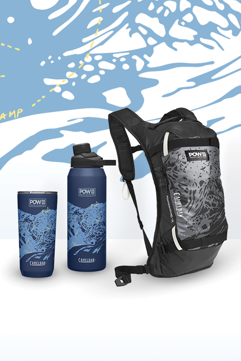 A tumbler, Chute Mag bottle, and snow pack sitting on a white and blue background with a map design.