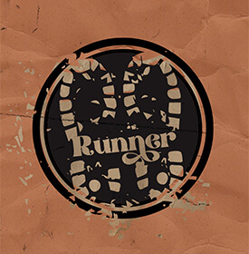 A distressed image with shoe prints in a circle with "Runner" within it. 