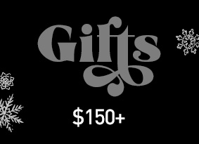 Black banner with the text "Gifts over $150" and white snowflakes around it.