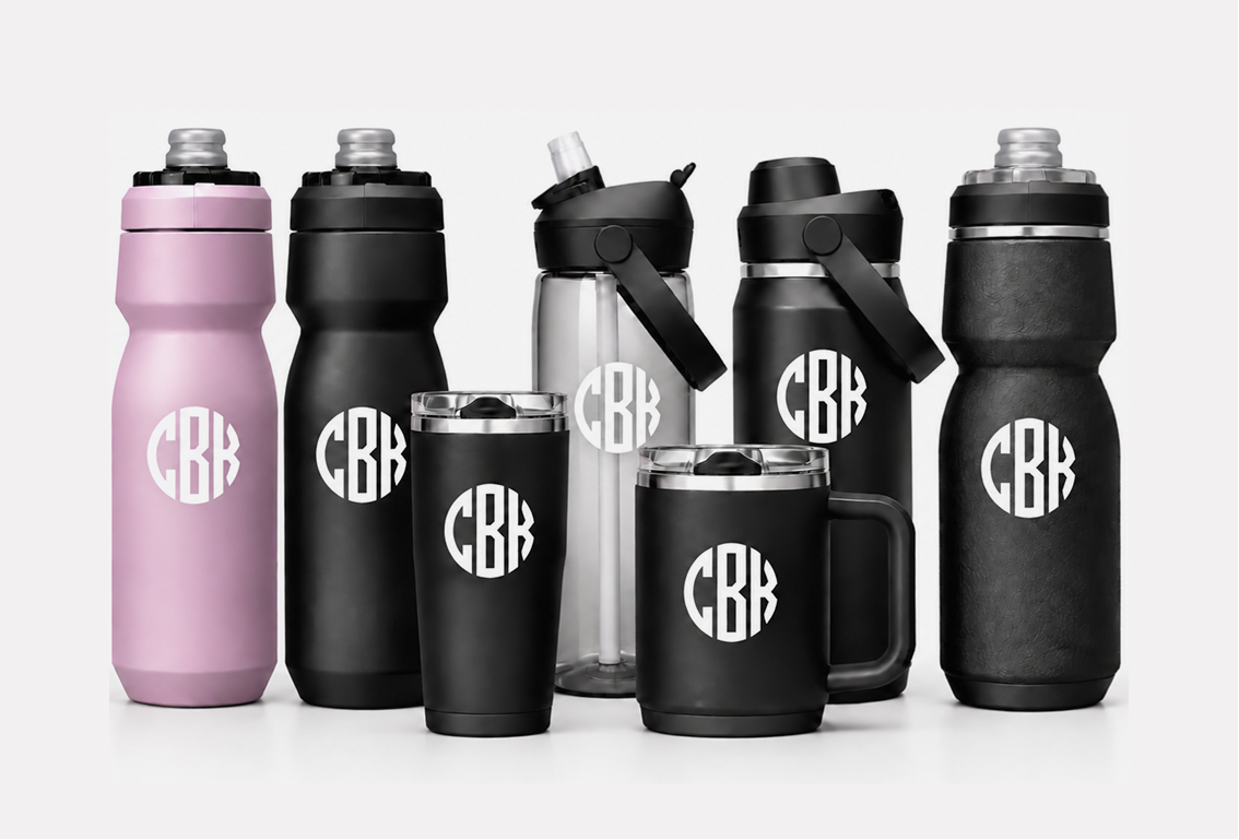 Lineup of personalized CamelBak bottles, tumblers, and mugs